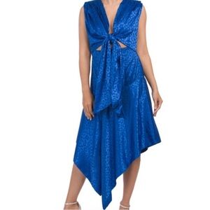 ONE33 SOCIAL Blue Jacquard Tie Front Asymmetrical Midi Dress sz 0